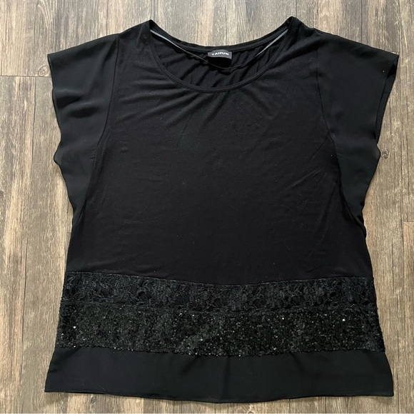 Taifun 80s Vtg Black Short Sleeves Round Neck Sequin Hem Women's Top T-Shirt L - Picture 9 of 11